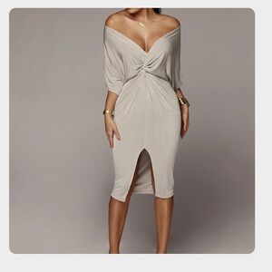 JLUXLABEL Off-Shoulder Twist Midi Dress in Cream